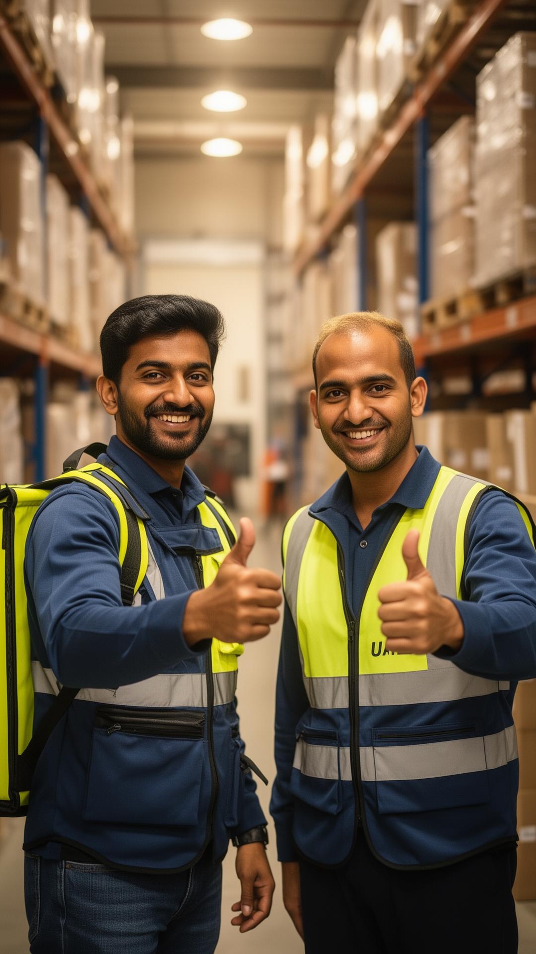 Two happy workers giving thumbs up