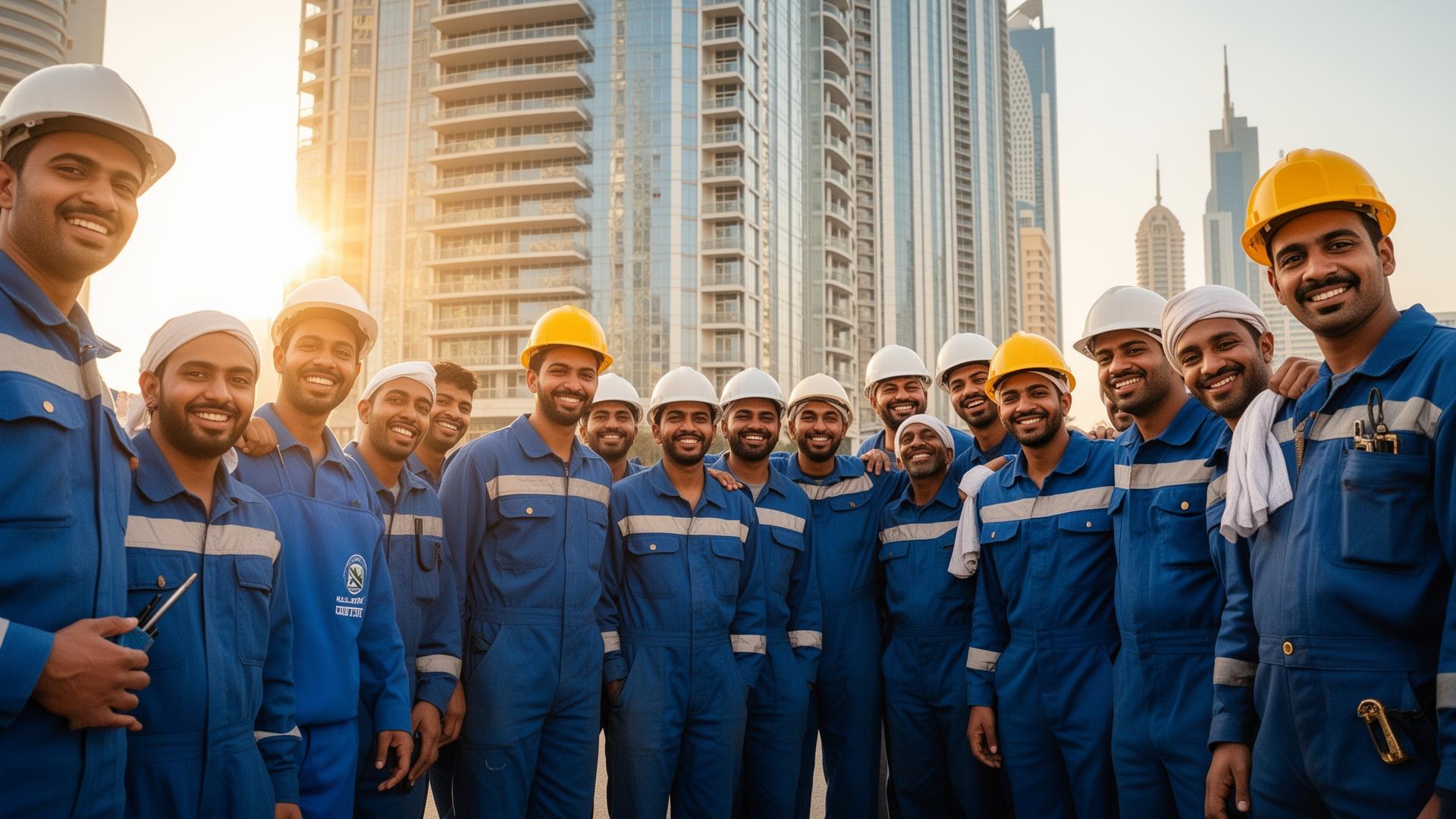 Group of cheerful UAE workers in blue uniforms